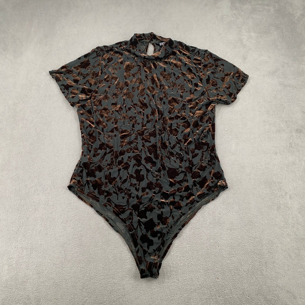 Disturbia Burnout Velvet Floral Bodysuit Green Brown Mock Neck Size US 16